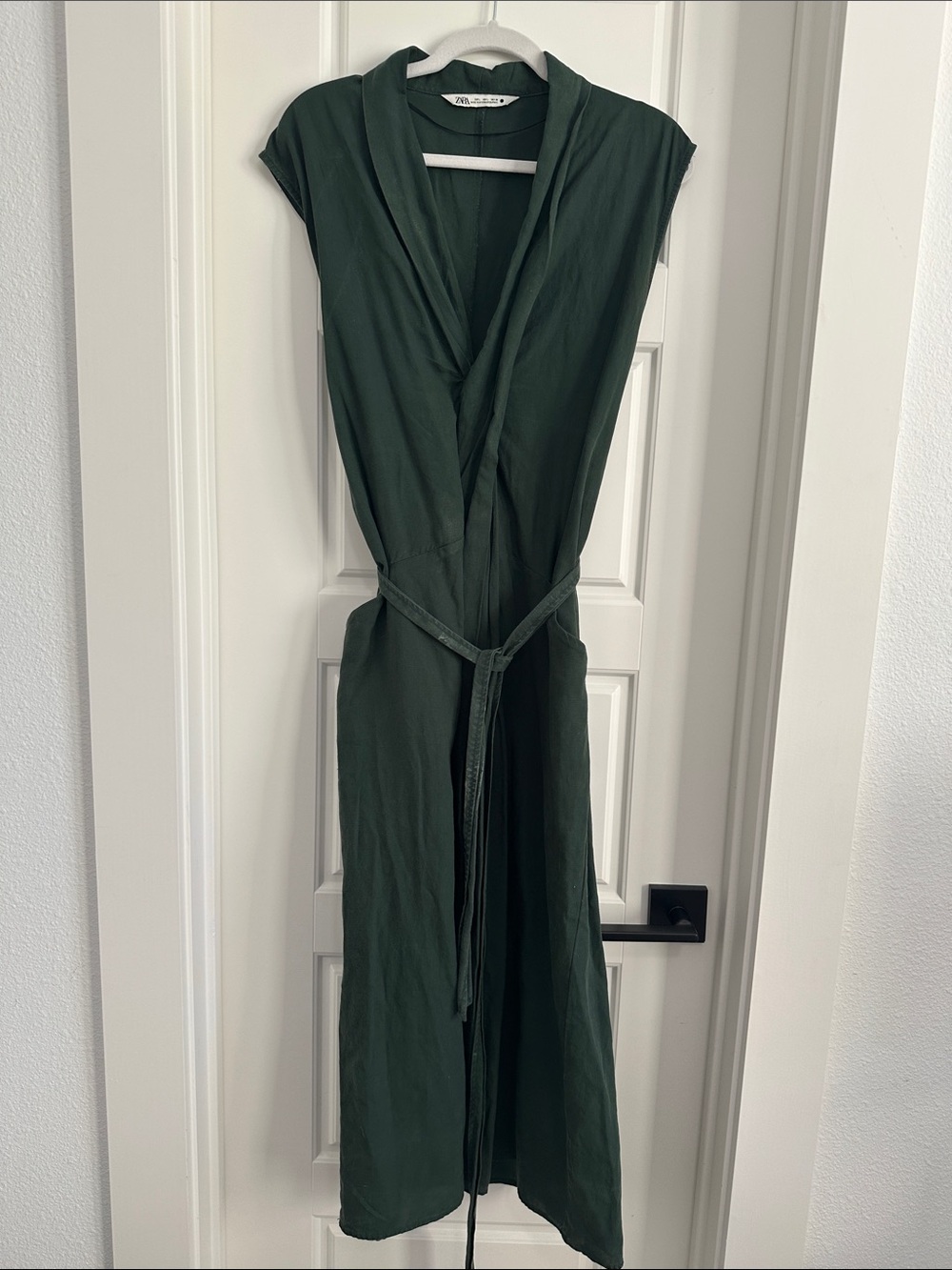 ZARA Deep Green Knot Front Shawl Collar Midi Wrap Dress Size L
